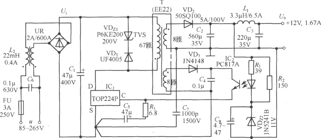 TOP224P構(gòu)成的12V、20W開(kāi)關(guān)直流穩(wěn)壓電源電路